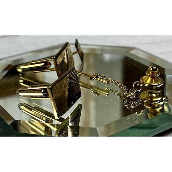 Yellow Gold 14K Filled 1/20th Quality Vintage Cuff Links & Tie Tack Set w/ Box - Picture 14 of 16